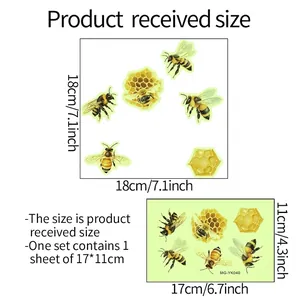 Fluorescent honey bee and honeycomb wall sticker size chart showing 17x11cm dimensions