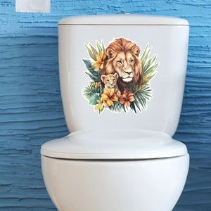 Luminous lion and cub watercolor sticker applied to a white ceramic bathroom toilet tank