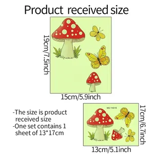 Luminous cartoon mushroom and yellow butterfly wall stickers with detailed size dimensions