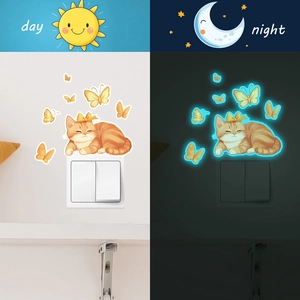 Luminous cartoon cat and butterfly switch wall sticker with day and night glowing effects