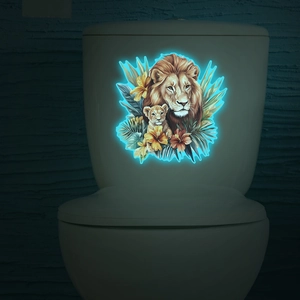 Luminous lion and cub wall sticker with blue glowing edges and tropical floral motifs