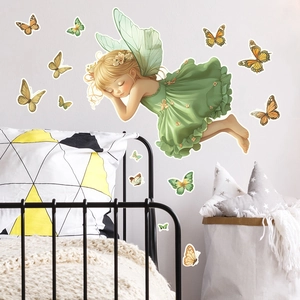 Detail of sleeping fairy wall sticker with colorful butterflies for kids bedroom decor