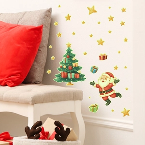 Luminous Christmas wall stickers featuring Santa, a decorated tree, and glowing stars