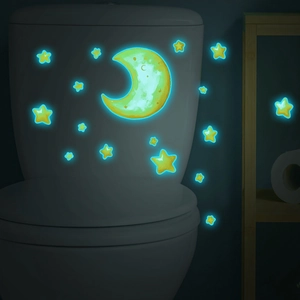 Luminous moon and stars toilet decals glowing in dark blue light for wall decoration