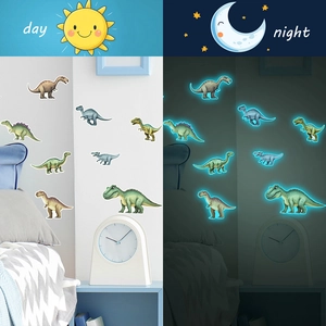 Luminous dinosaur wall stickers for kids' rooms showing day and night glow effects