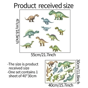 Detailed size chart for luminous dinosaur wall stickers measuring 40 by 30 cm for kids' rooms