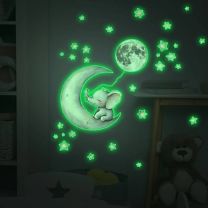 Luminous wall stickers featuring cartoon elephant on moon with glowing stars and balloon