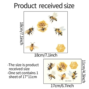 Detailed size guide for glowing bee and honeycomb wall stickers with 18x18cm dimensions