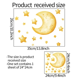 Detail view of watercolor moon and stars wall stickers with layout size specifications