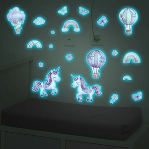 Luminous wall stickers featuring cartoon unicorn, hot air balloon and butterfly patterns