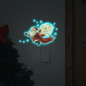 Luminous Christmas Santa and stars wall sticker glowing in dark near light switch