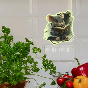 3D cartoon mouse reading in a wall hole decal on white kitchen tile wall background
