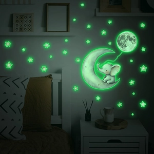 Luminous wall stickers set with cartoon elephant moon and stars for kids bedroom