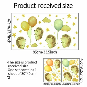 Hedgehog and balloon glow wall sticker size chart with 85x47cm total layout size