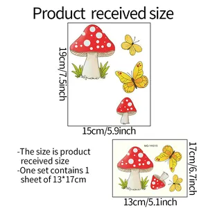 Luminous mushroom wall stickers size guide showing 13x17cm and 15x19cm dimensions