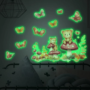 Glow in the dark wall stickers featuring cute bear and cat on mushrooms with butterflies