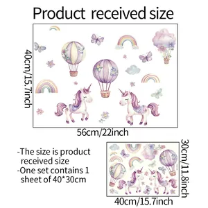 Detailed size chart for luminous unicorn wall stickers showing received and applied dimensions