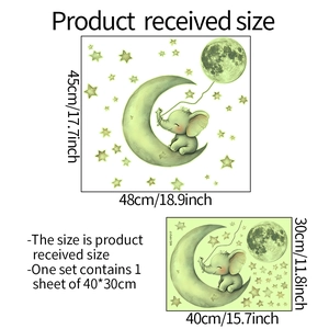 Luminous wall sticker showing cartoon elephant on moon with stars and dimensions