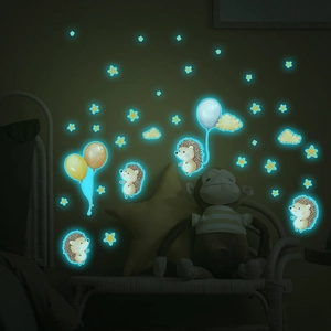 Luminous wall stickers with hedgehog, stars, and clouds for kids' bedroom wall decor