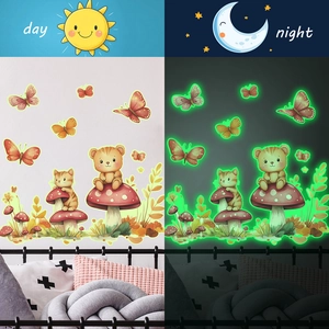 Luminous cartoon mushrooms and animals wall stickers for kids room with day night effect