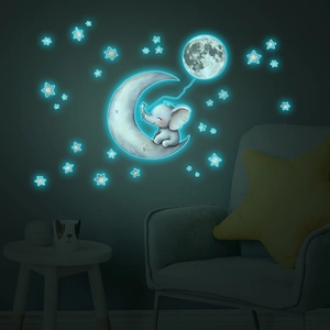 Luminous blue glow elephant and moon wall decals for nursery wall decoration