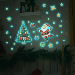 Luminous Christmas wall stickers with glowing Santa Claus, tree and stars for home decor