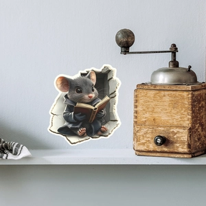 3D hole wall sticker featuring a cute cartoon mouse reading a book for kid room decor