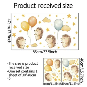 Detailed dimension chart showing hedgehog wall decal sizes 85x47cm with star patterns