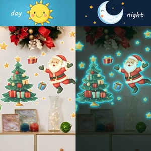 Luminous Christmas wall stickers with Santa Claus and stars in day and night views