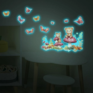 Luminous wall stickers featuring cartoon bears, colorful mushrooms and glowing butterflies