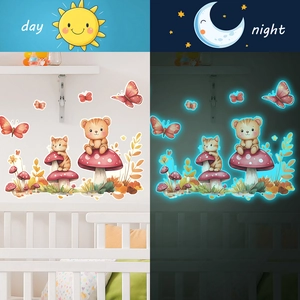 Cartoon Luminous Wall Stickers Glow In The Dark Mushroom Cat Bear Butterfly PVC Wall Decals For Kids Room Bedroom Decor