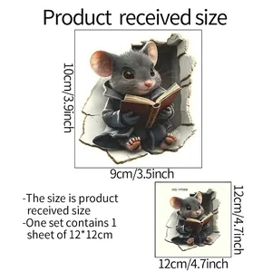 Luminous 3D mouse reading a book wall sticker, 12x12cm size guide and dimensions