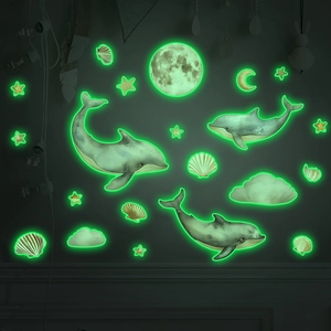 Glow In The Dark Wall Stickers Marine Dolphin Whale Moon Star Cloud Luminous Decals For Kids Bedroom Nursery Background Decor