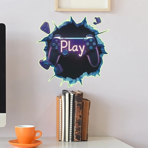 Detailed close-up of 3D gaming controller wall sticker with glowing Play text in a room