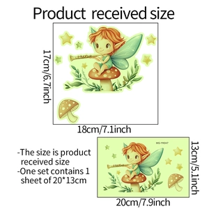 Luminous fairy wall sticker with flute on mushroom for kids room decor, 20x13cm size