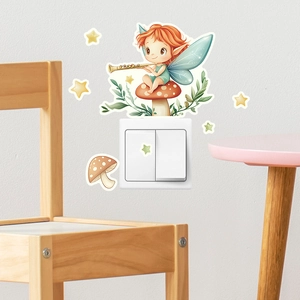 Detail view of cartoon elf and mushroom glow-in-the-dark wall stickers around light switch