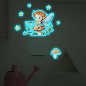 Luminous cartoon fairy switch sticker with glowing mushroom and stars decor