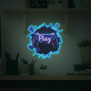 Macro detail of 3D cracked wall decal with purple gaming controller and cyan neon light