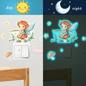 Luminous fairy wall sticker with flute mushroom and stars in day and night view
