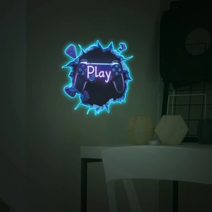Luminous game controller wall sticker with glowing Play text and cracked wall visual effect