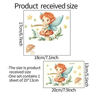Detail showing cartoon elf and mushroom wall stickers with product size dimensions