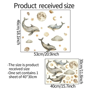 Layout detail for watercolor dolphin wall stickers with dimensions and moon star patterns