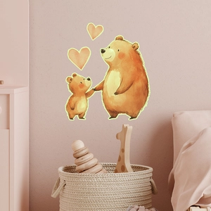 Detailed view of hand-painted brown bear family wall stickers in a cozy nursery bedroom