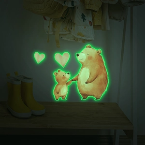 Luminous cartoon brown bear wall sticker with heart glow for nursery bedroom decoration