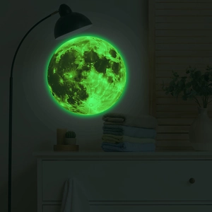 Adesivo murale luna luminosa con texture dettagliata e luce verde fluorescente al buio