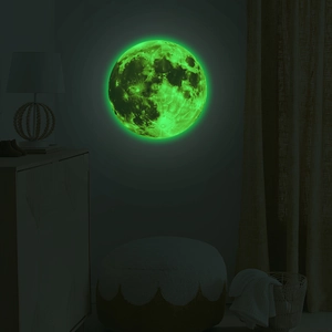 Adesivo murale luna rotonda luminosa con crateri realistici e bagliore verde decorativo