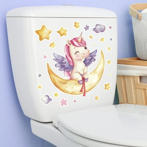Luminous unicorn and stars wall decal set displayed on a white ceramic toilet tank