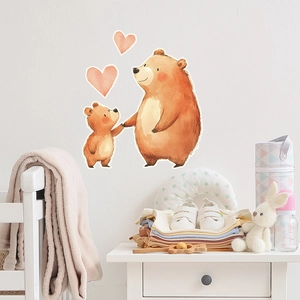 Detailed view of hand-painted watercolor brown bears and red hearts nursery wall stickers