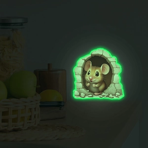 Luminous 3D mouse hole wall sticker with glowing green edge in dark room setting