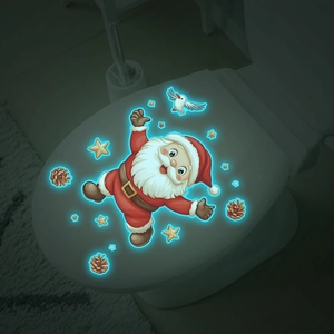 Luminous Christmas Santa Claus toilet lid sticker with stars and birds for bathroom decor